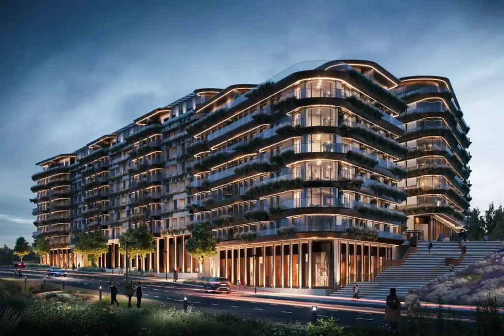 Stepped terraces overlooking the river, blending with natural daylight