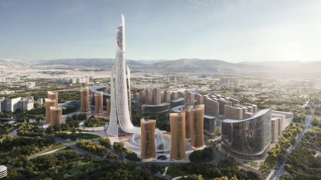 Dushanbe Tower rises above a wide park with calm pedestrian paths