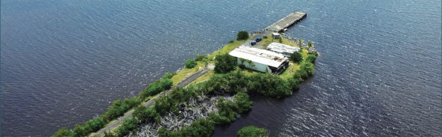 مشهد عام لمباني القاعدة البحرية في بورتو ريكو بعد إعادة تأهيلها يظهر تكامل البنية المعمارية مع البيئة الساحلية.