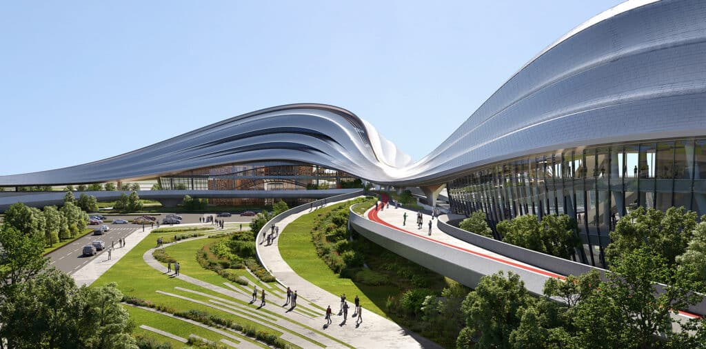 Curved building and elevated paths blend with sky and city