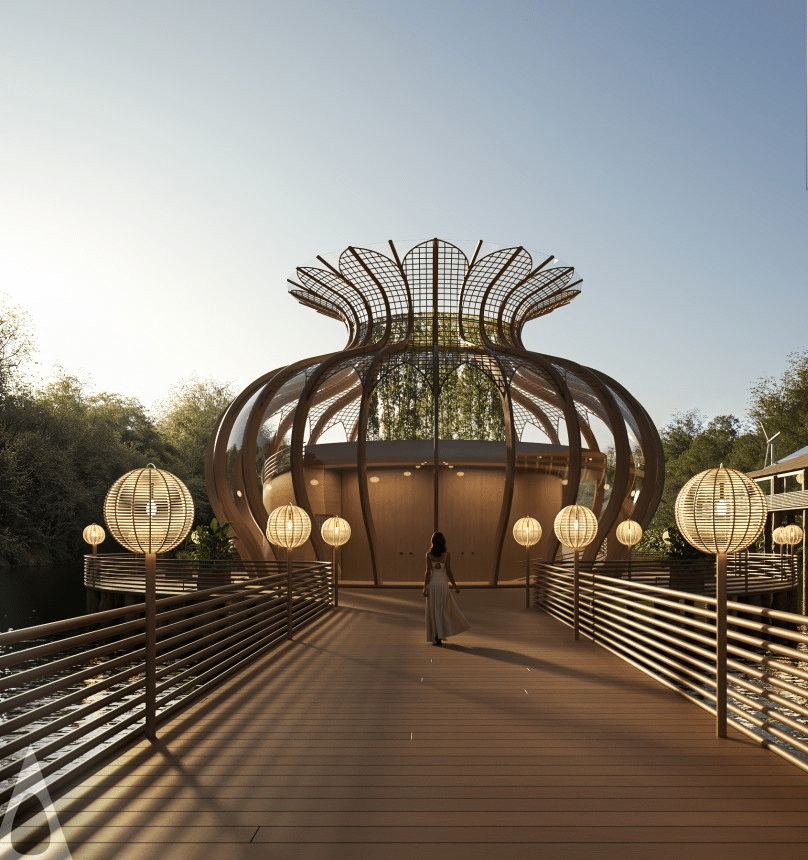 ممر خشبي يؤدي إلى مبنى على شكل زهرة في الغابة، مع أضواء كروية دافئة وامرأة تسير نحوه عند الغروب.