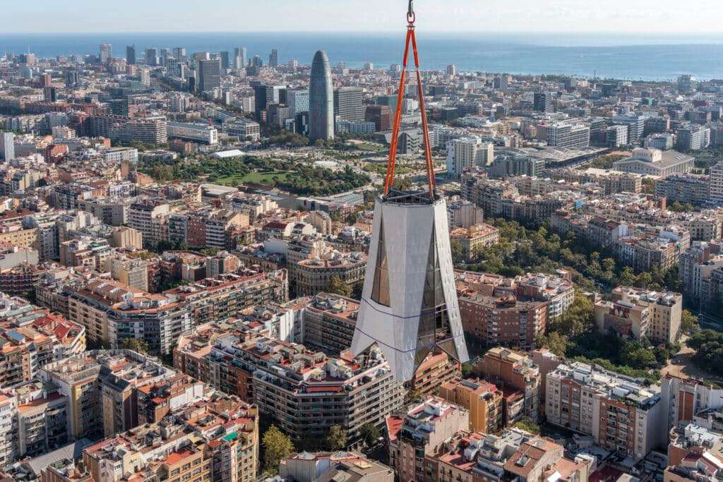Aerial view of the Sagrada Família showing the newly installed cross atop the Tower of Jesus Christ