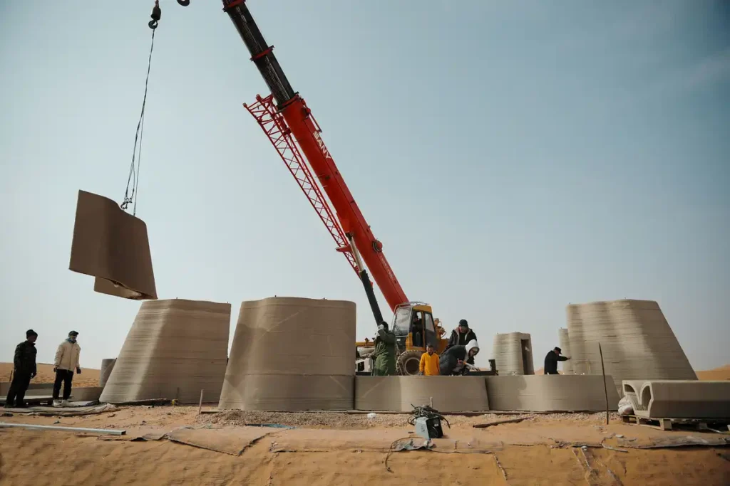 عملية تركيب أجزاء هيكل "ديزرت آرك" المطبوعة ثلاثيًا في صحراء منغوليا الداخلية، حيث تُرفع قطعة خرسانية ضخمة بواسطة رافعة بين الأشكال العضوية المتناغمة مع الرمال.