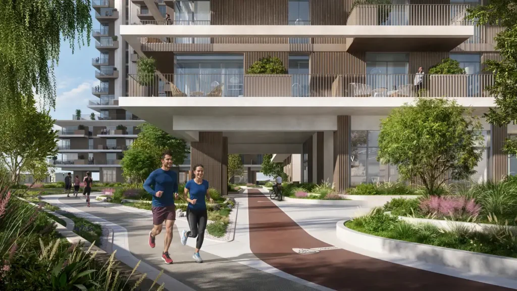 The stepped fa&ccedil;ades of the residential towers enhance natural ventilation and daylighting across Rise by Athlon.