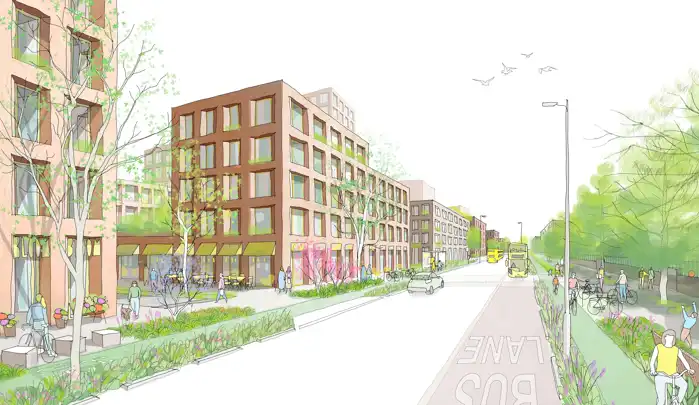 3D view of the Strangeways regeneration project showcasing building distribution and open spaces.