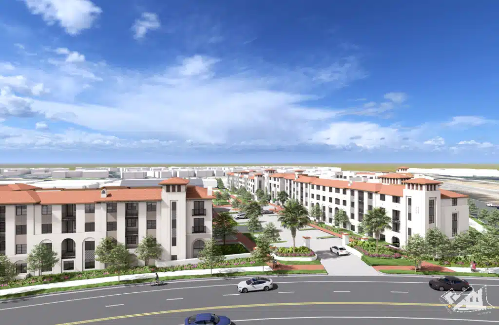 تصور ثلاثي الأبعاد للواجهات البيضاء والأسقف الحمراء للمشروع السكني، مستوحى من الطراز الإسباني الاستعماري.