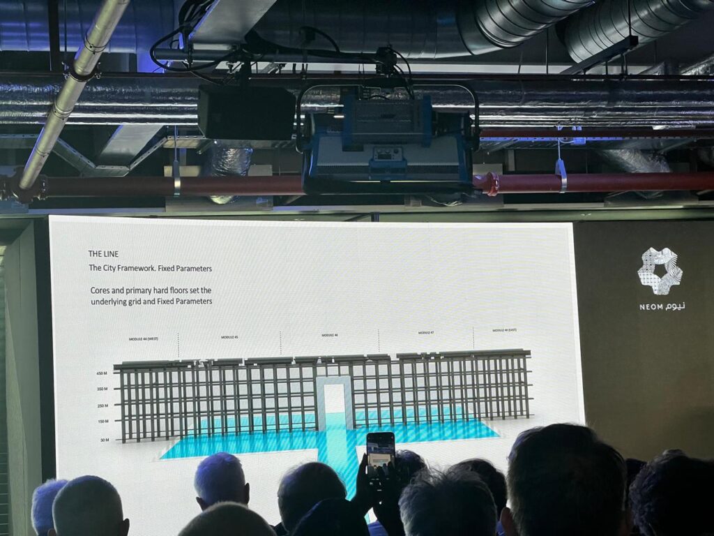A presentation slide of The Line project detailing its fixed structural framework and modules (44&ndash;48), with an audience capturing the moment.