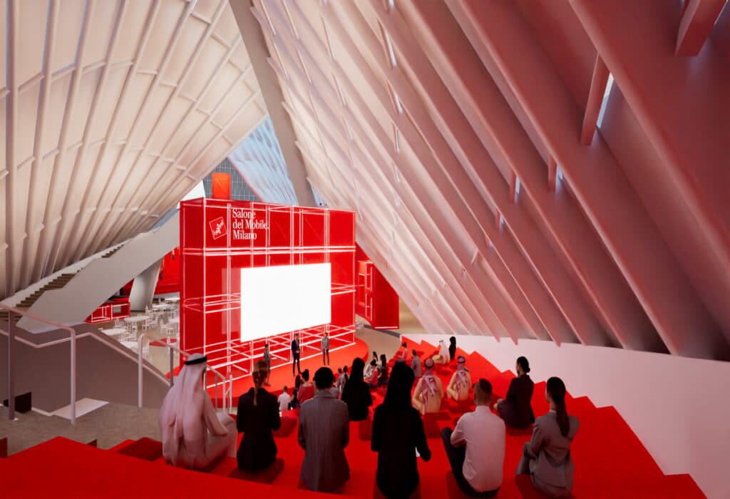 منظر جانبي في المعرض يظهر الانسيابية بين المساحات المفتوحة والمغلقة.