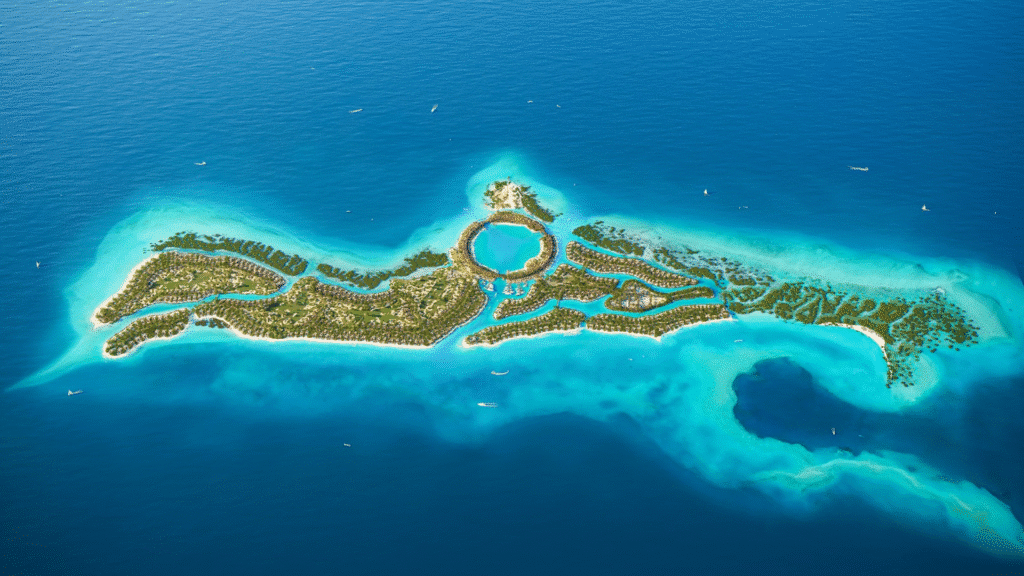 عرض توضيحي للجسر والمرافق السكنية المطلة على البحر ضمن جزيرة لاحق.