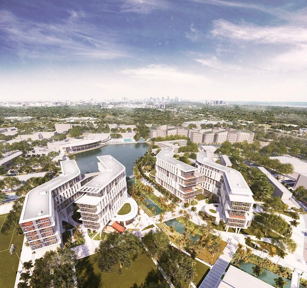 Buildings arranged around the lake show spatial harmony and open spaces