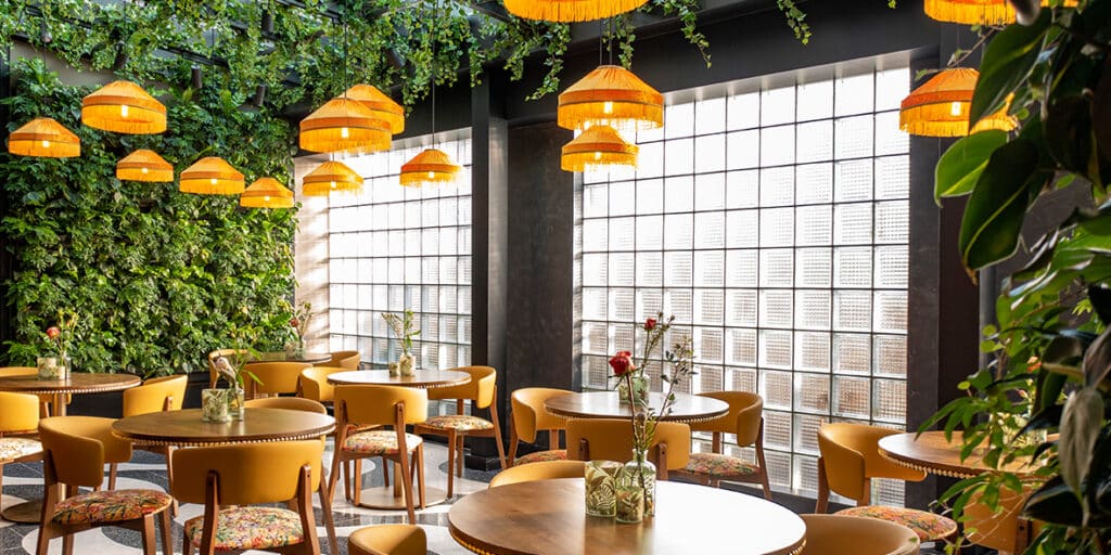 Planted green roof above an open seating area in a vegan restaurant