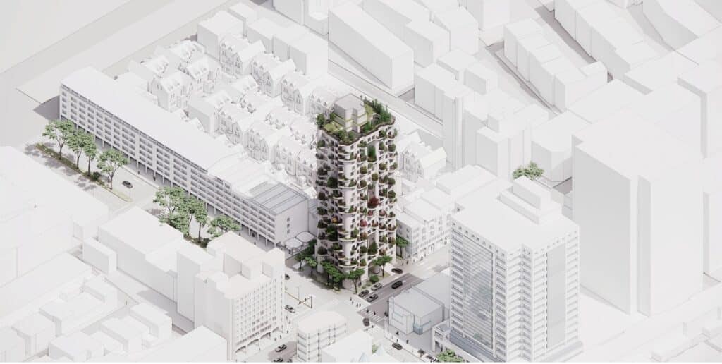 Open exterior platform connecting visitors to nature through layered greenery