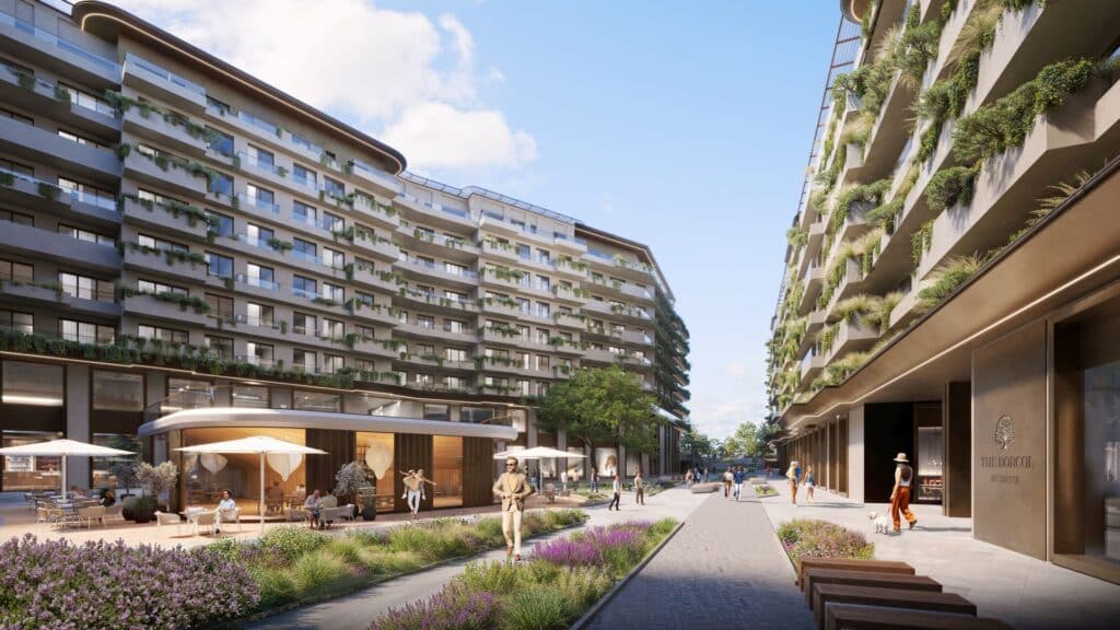 Green terraces overlooking city and river in harmony