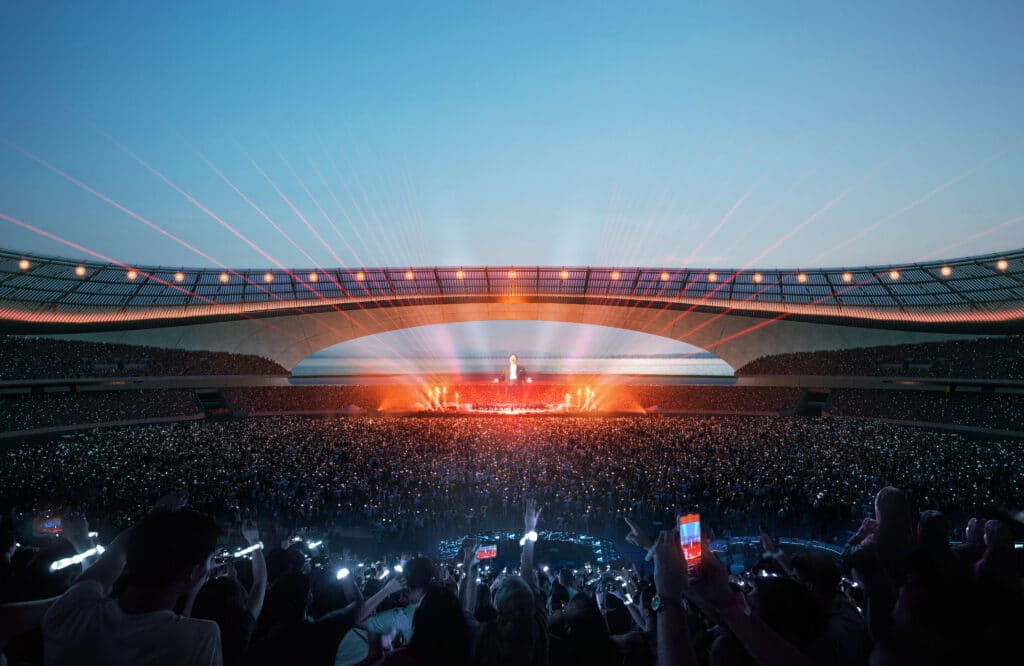 Interior view of the sports centre showing the grand stadium and spectator accessibility with natural airflow guidance.