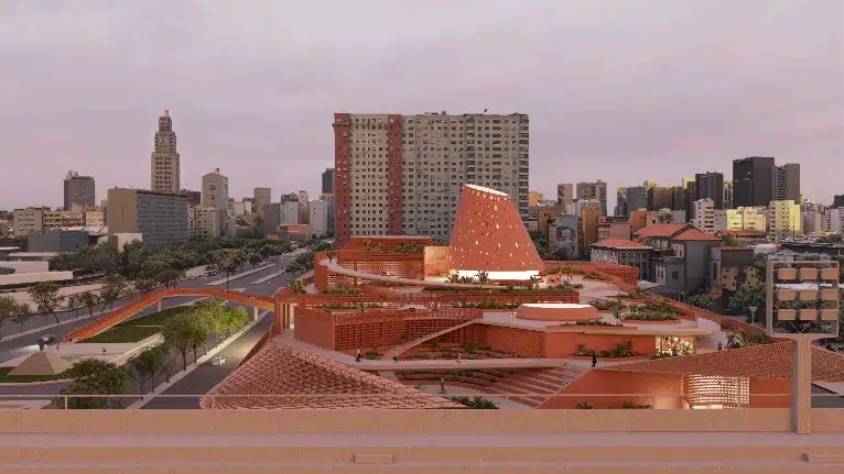 Southwest view of Biblioteca dos Saberes highlighting the interaction between the building and the urban surroundings.