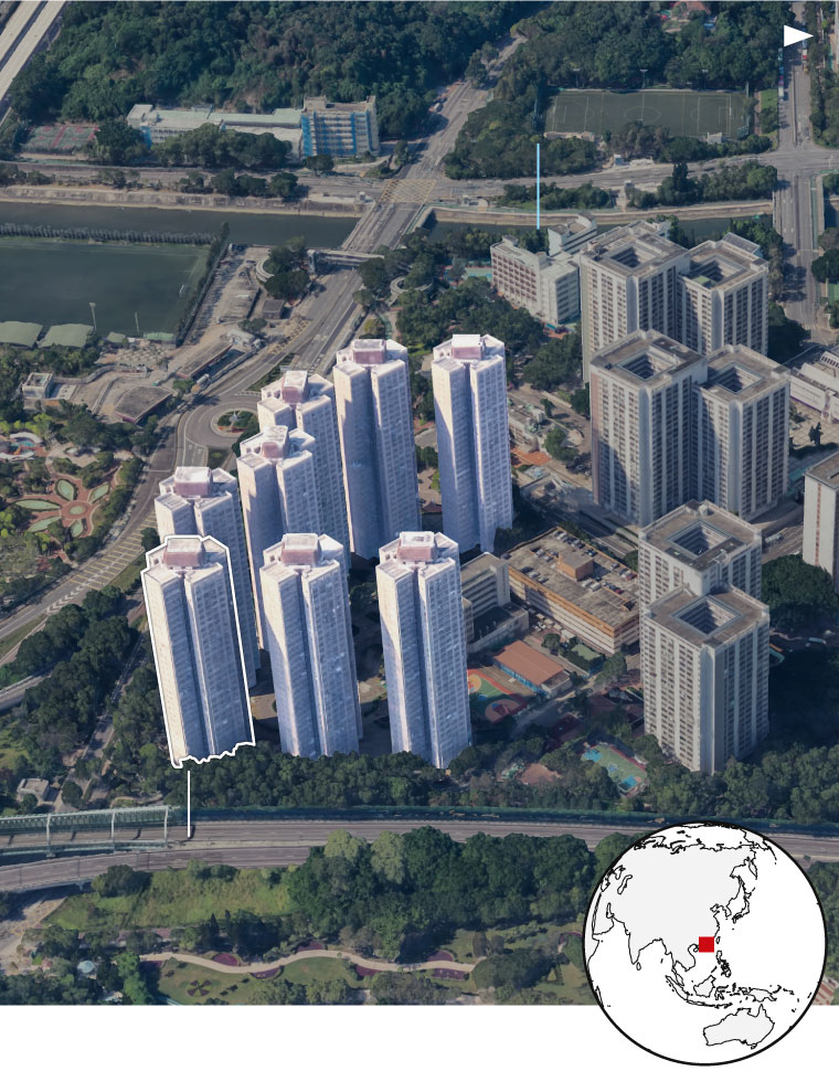 Close-up of bamboo scaffolding and green nets on exterior facade