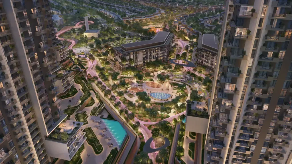 المنصة المدرّجة التي تربط الأبراج بالمجال العام وتحتضن مسارات المشي والدراجات في رايز باي آثلون.