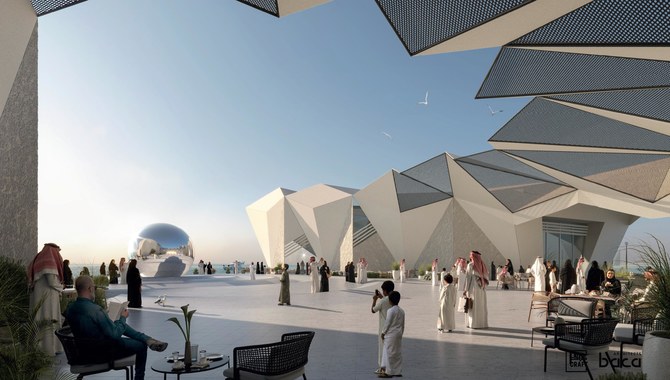 ساحة مفتوحة تحت ظلال هندسية، تُضيءها أشعة الغروب بانسجام مع المباني.