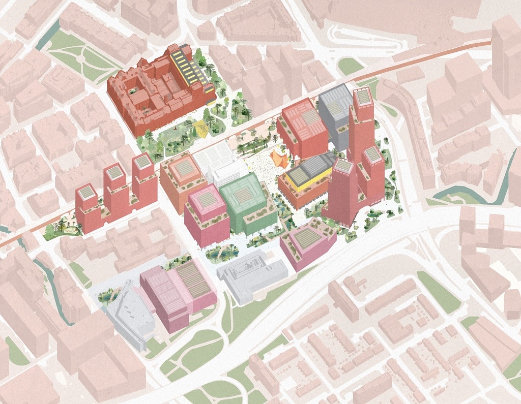 An architectural map revealing urban gradations and green spaces woven around the new development.