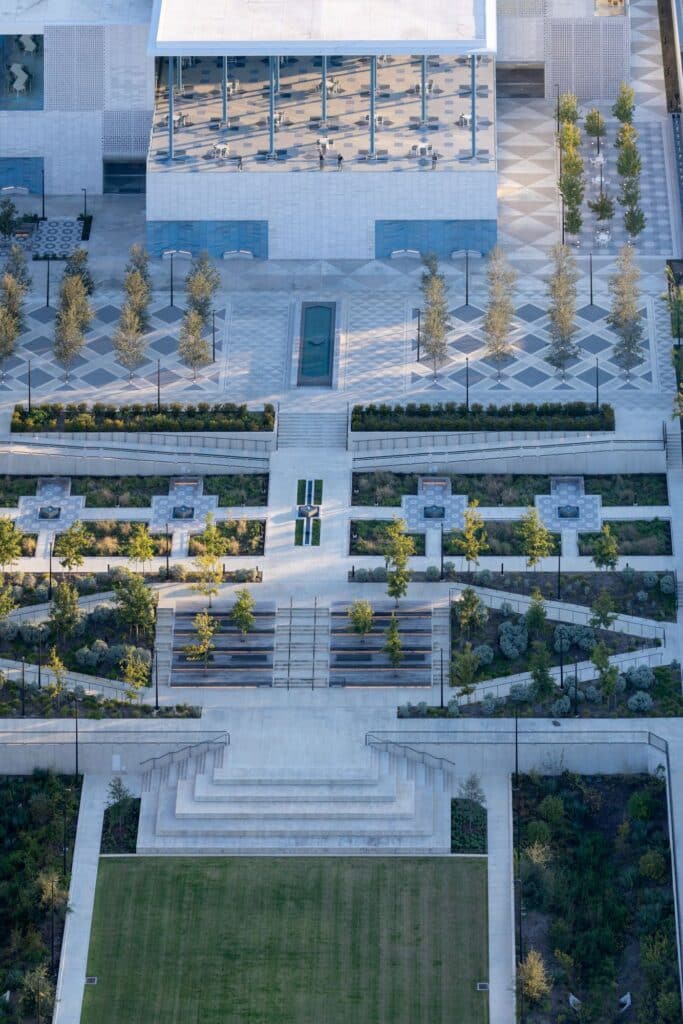 An aerial view of the Ismaili Center, revealing harmonious geometry where architecture, gardens, and pathways converge in serene balance.