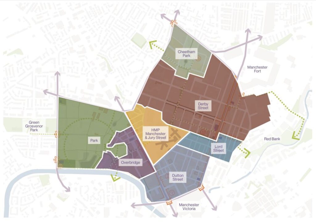Conceptual illustration of Strangeways plan showing the relationship between buildings, green corridors, and open streets.