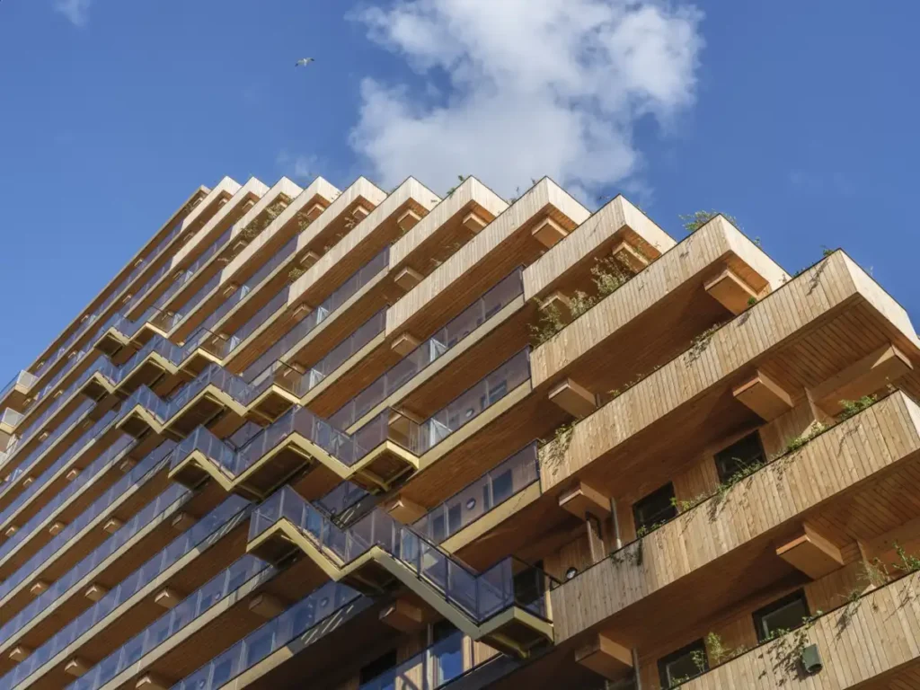 زاوية منخفضة تُبرز التدرج الخشبي وانسيابه نحو السماء الزرقاء، مع لمسات خضراء.