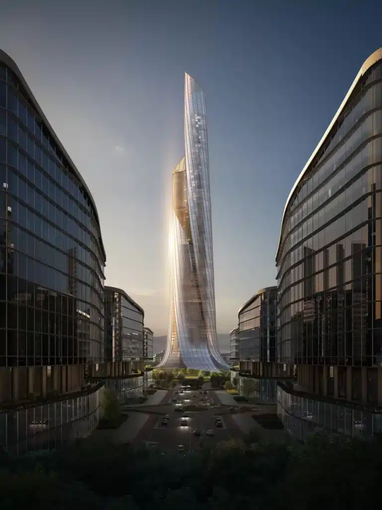 Dushanbe Tower lighting highlights vertical movement and architectural details