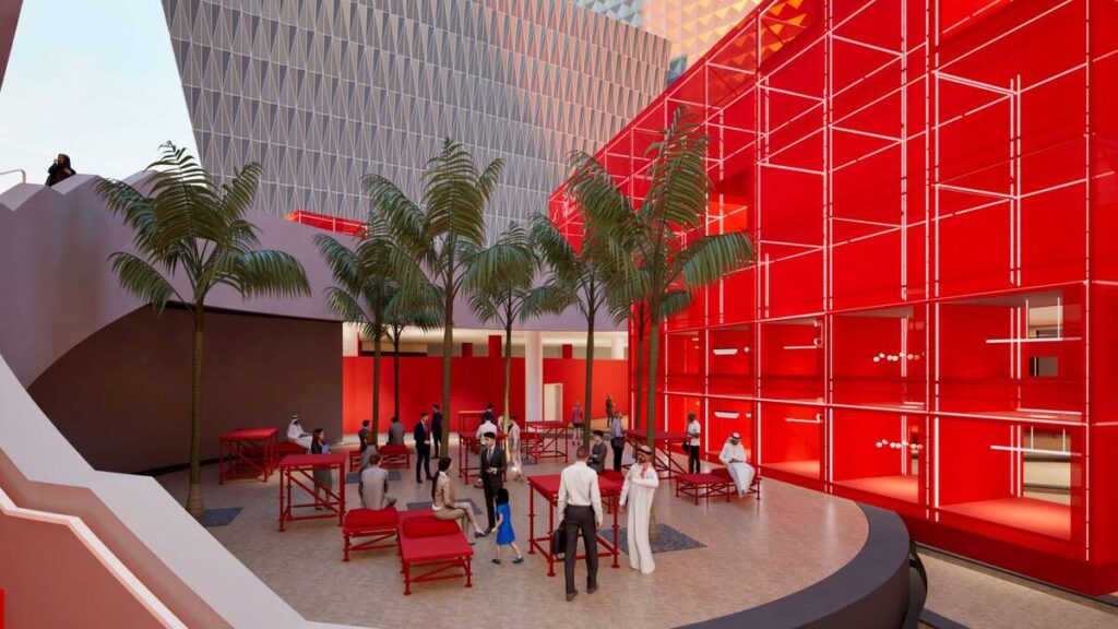 رؤية مقرّبة لتركيب معماري تفاعلي يربط بين العناصر البصرية والوظيفية للمعرض