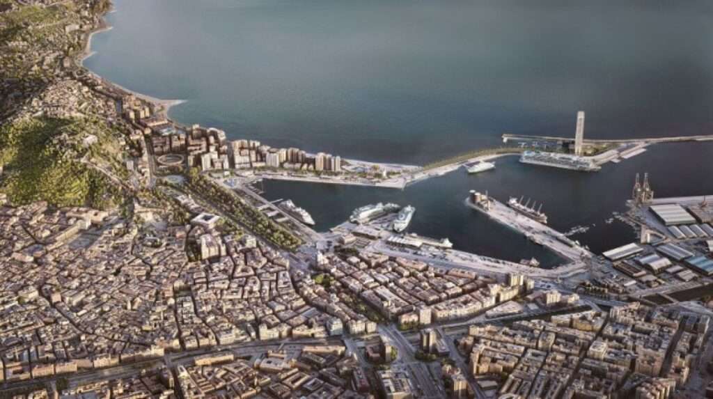 البرج يستعرض ارتفاعه وسط الميناء ويبرز التباين مع المباني التاريخية