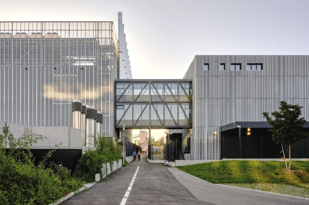 Central green courtyard in a modern data center enhancing visual and environmental connectivity.
