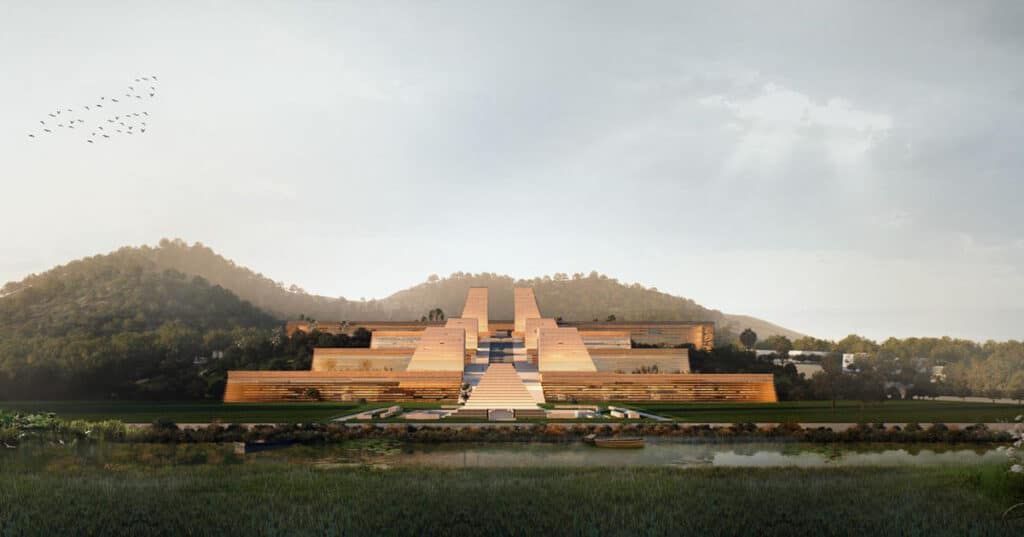 Zoland &middot; Emei: layered wooden architecture, mountain backdrop, serene water foreground.