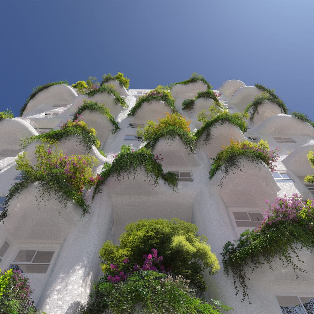 Wide glass fa&ccedil;ade reflecting light and revealing the building&rsquo;s horizon connection