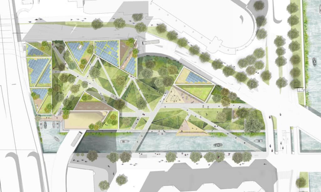 الأسطح الخضراء والحدائق تنسجم مع حركة المدينة وتدرجات الضوء