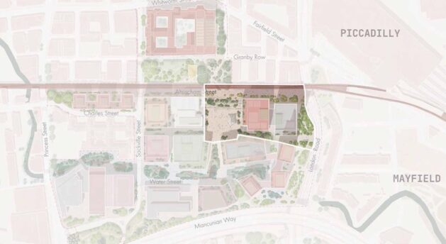 Site map pinpointing the development&rsquo;s heart between Charles and Sackville Streets, anchoring urban renewal.