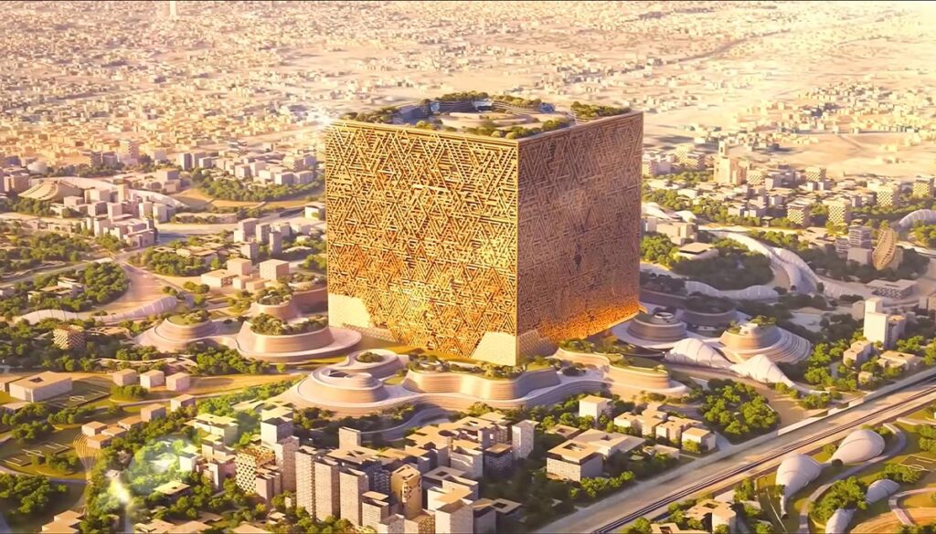 View of The Mukaab building in Riyadh, reflecting modern architectural style and precise engineering.