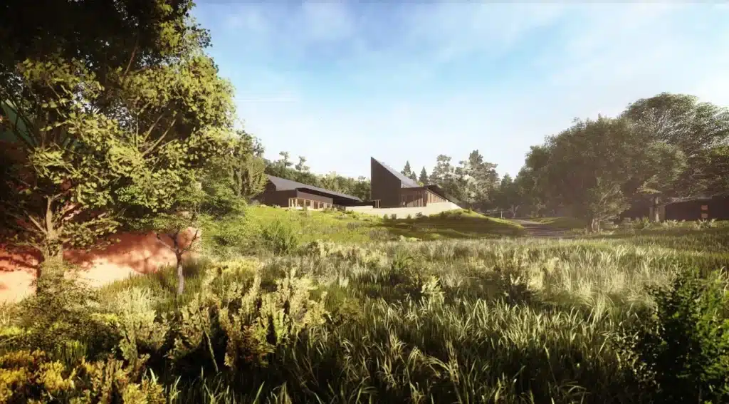 Seasonal cabin harmonizes with surroundings, capturing natural light fluidly