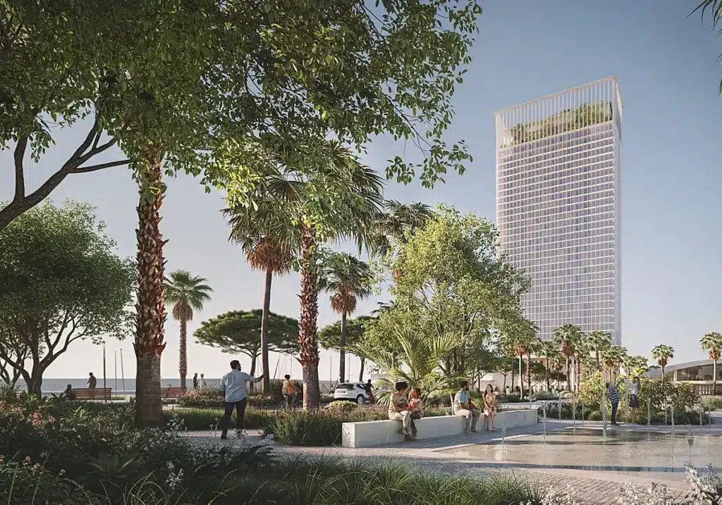 Walkway links tower to gardens and open visitor areas