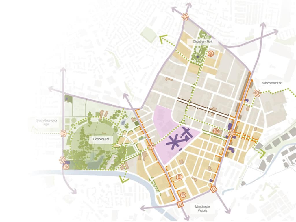 منظر فني لمشروع حدائق ووتر هاوس ضمن سترينغوايز، يظهر المباني والمرافق المجتمعية والمساحات الخضراء.