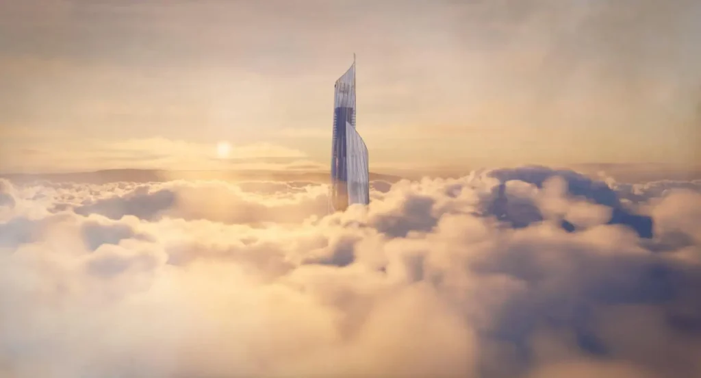 The tower and surrounding parks show the balance between nature and vertical construction