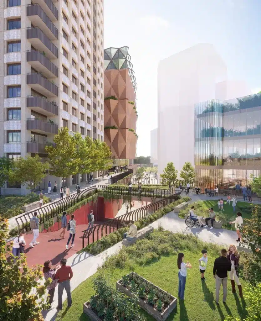 Vertical studio building with natural light gradient and internal pathways