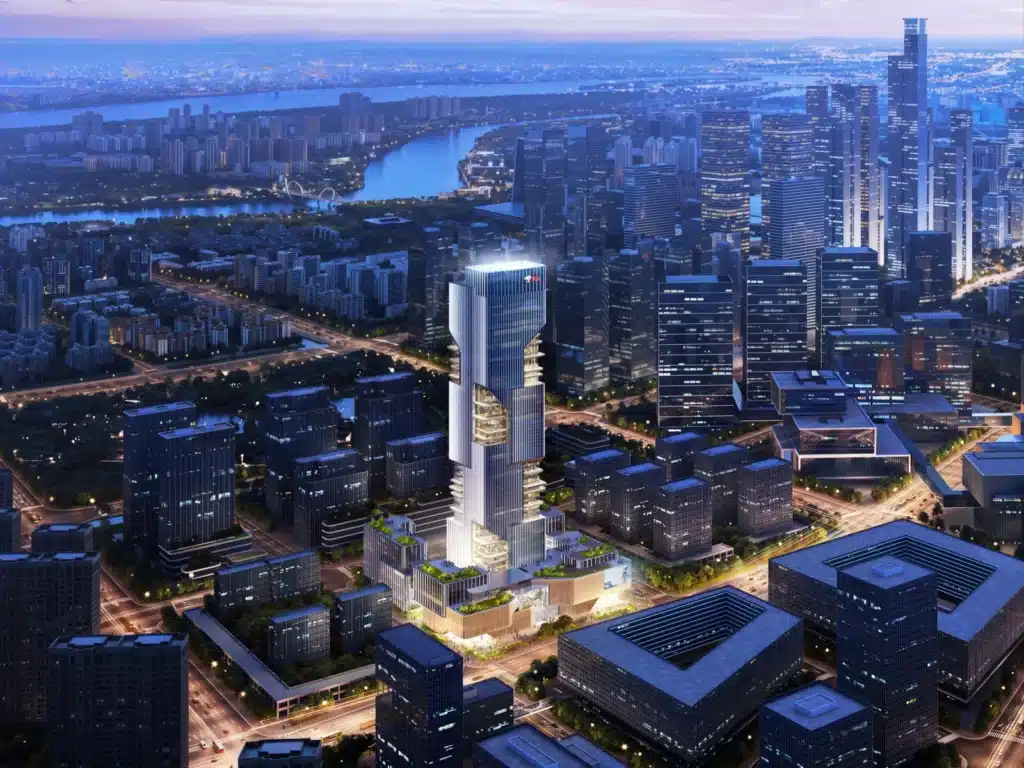 مبنى مُضاء يتوسط المدينة ليلاً، وسط تدفق ضوئي من الشوارع والأنهار.