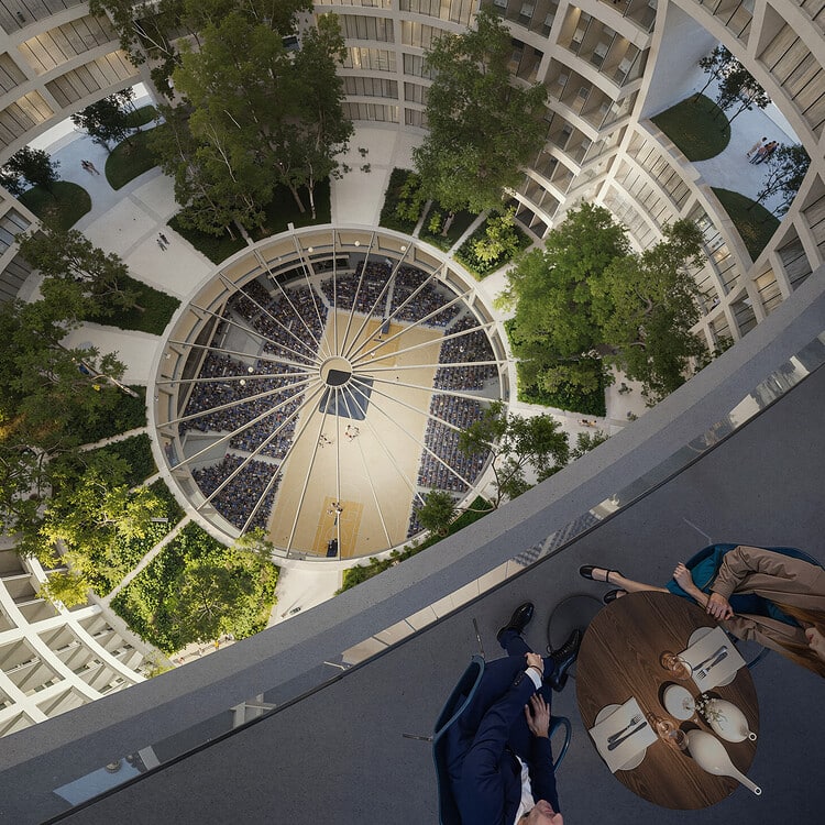 Interior view of the spherical dome, showing shared spaces and innovative design fostering interaction.