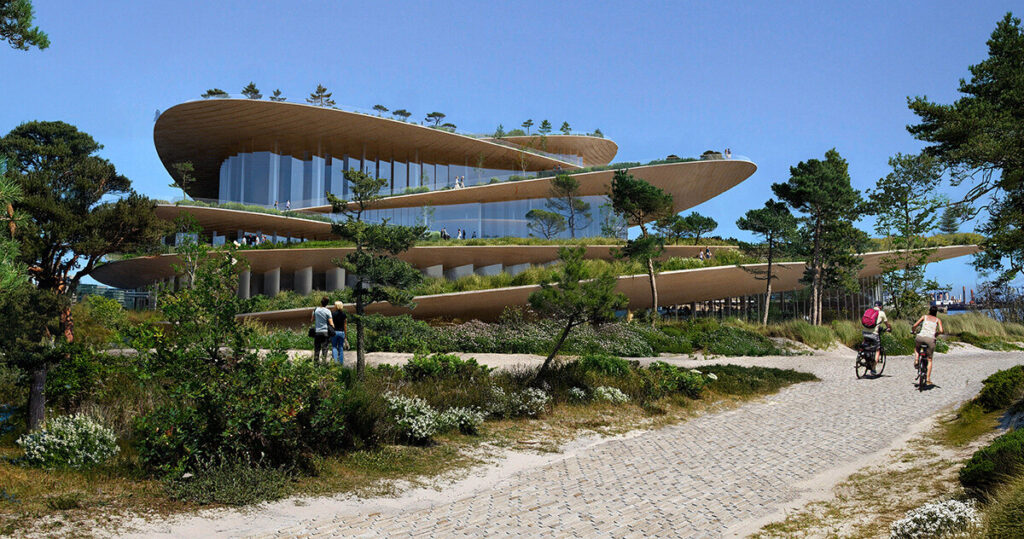 التراسات الخضراء والساحات المفتوحة على سطح دار أوبرا هامبورغ، مطلة على الميناء.