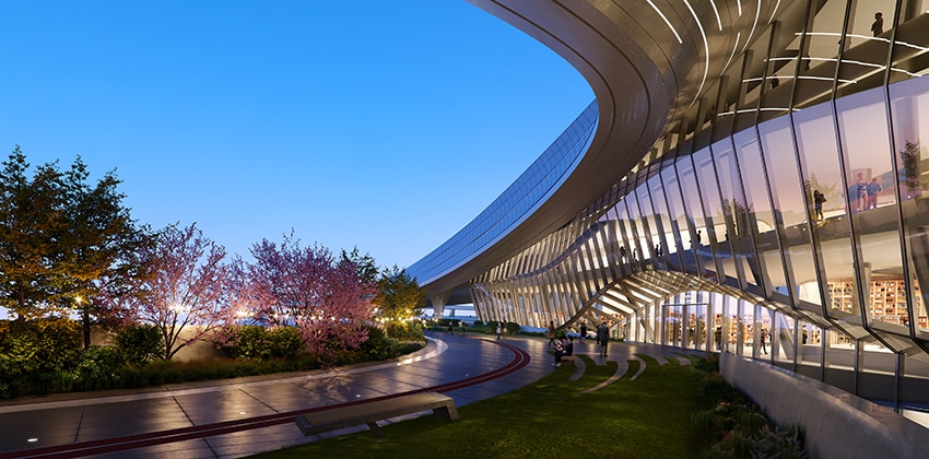 واجهات زجاجية منحنية تسمح بالانفتاح البصري على الخارج