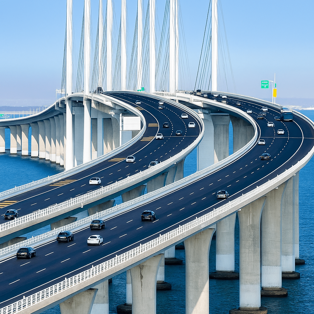 لقطة مقربة لجزء من جسر خليج هانغتشو يضم أقسام طريق سريعة متعددة المستويات ومنحنية فوق الماء