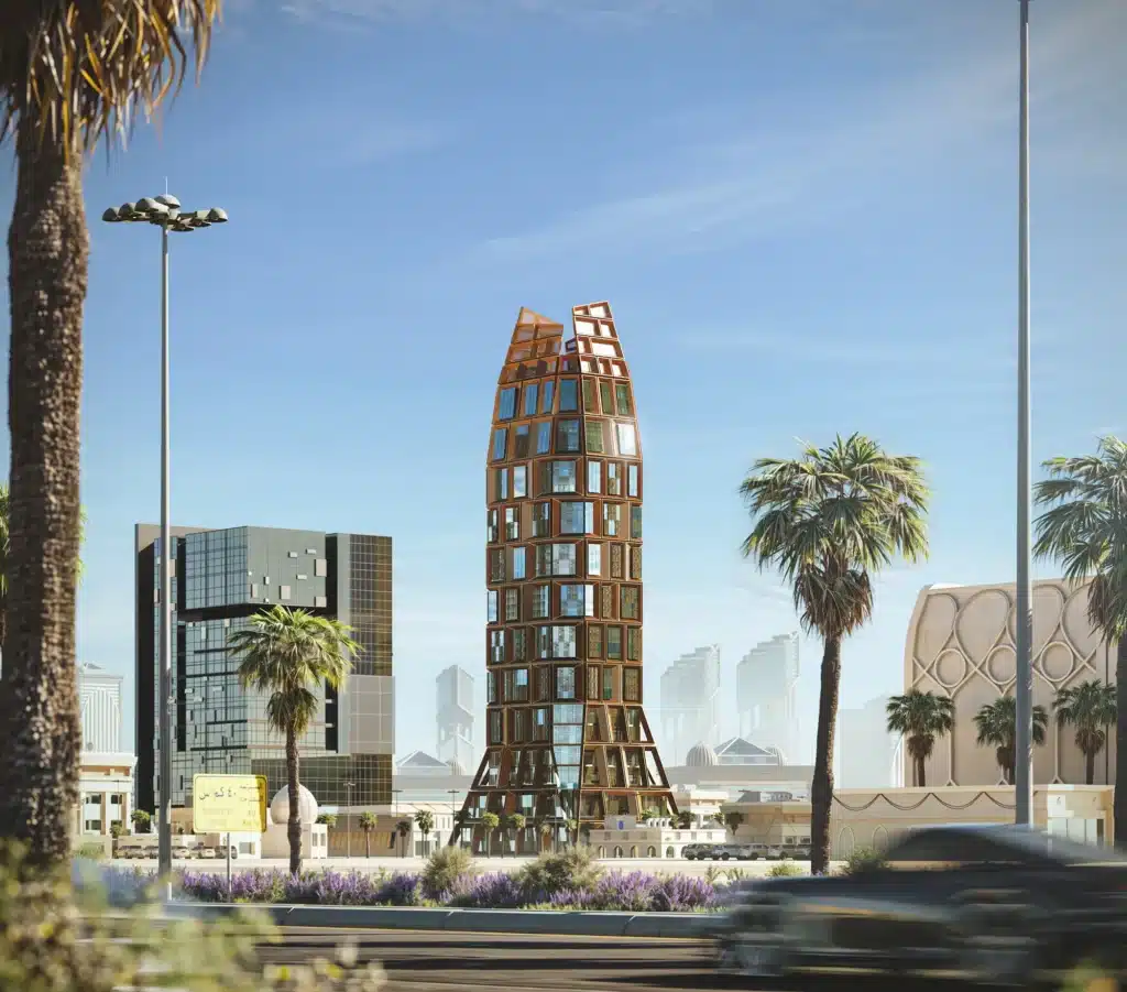 Mixed-use skyscraper in Riyadh with a contemporary design harmonizing with the urban skyline.