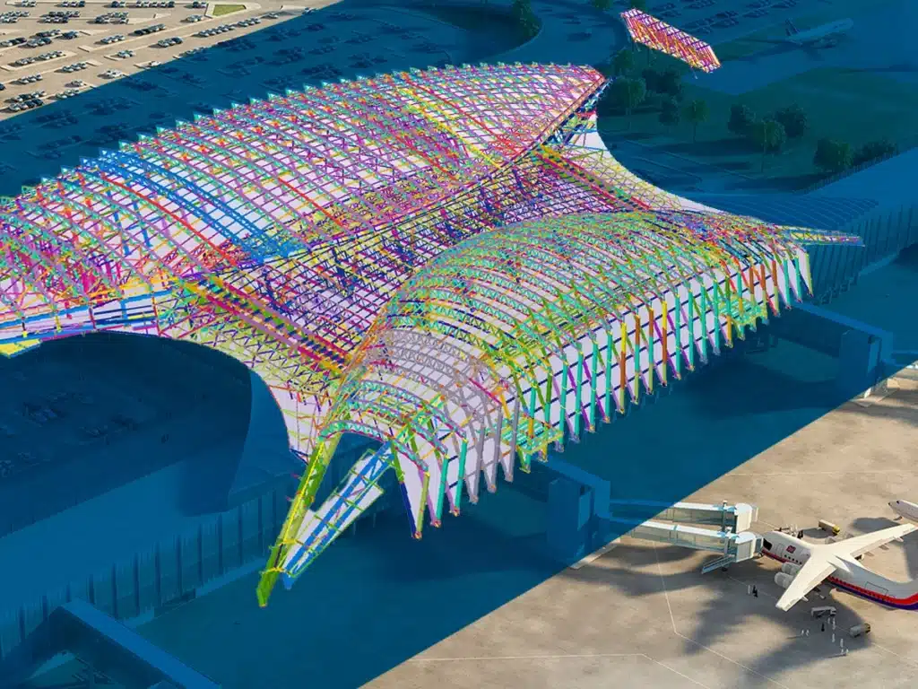 Color coded structural model of Jazan Airport’s roof, revealing the engineering behind its fluid form.