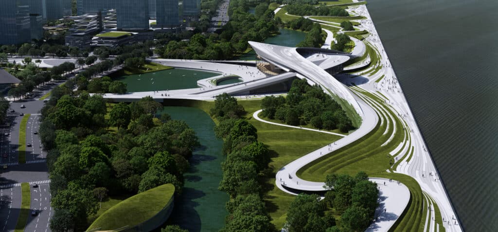 منظر نهاري لمتحف قيانغتانغ باي، حيث تتدفق الدرجات الخضراء والممرات كأمواج بين الأشجار والنهر، وتتحول إلى حديقة عامة مفتوحة للزوار.