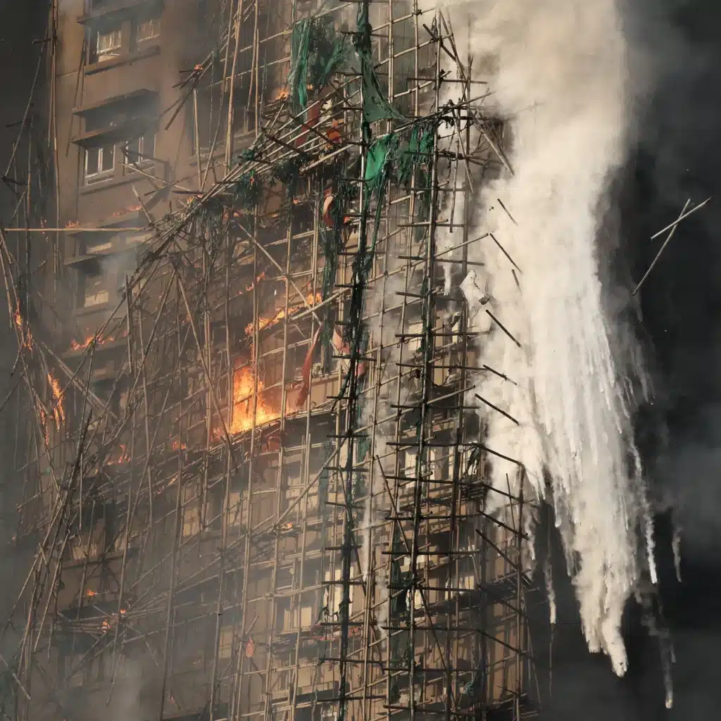 Firefighters surround burning towers amid scaffolding and thick smoke