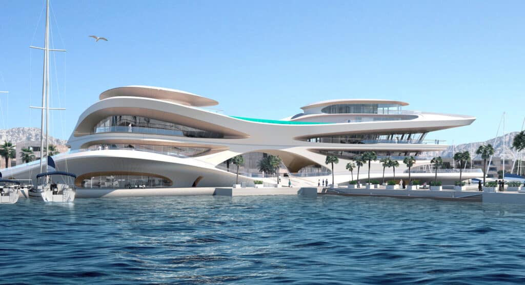 تصميم داخلي لمباني المشروع يظهر الاستخدام الذكي للمساحات الطبيعية والإضاءة.